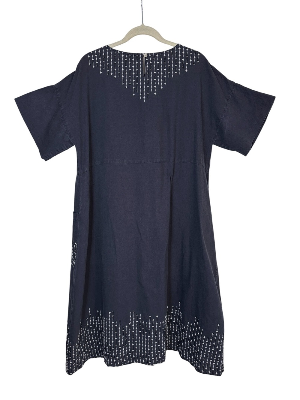 GUDRUN SJODEN Navy Linen Blend Embroidered Dress Scandinavian Lagenlook Pocket M - Picture 5 of 13